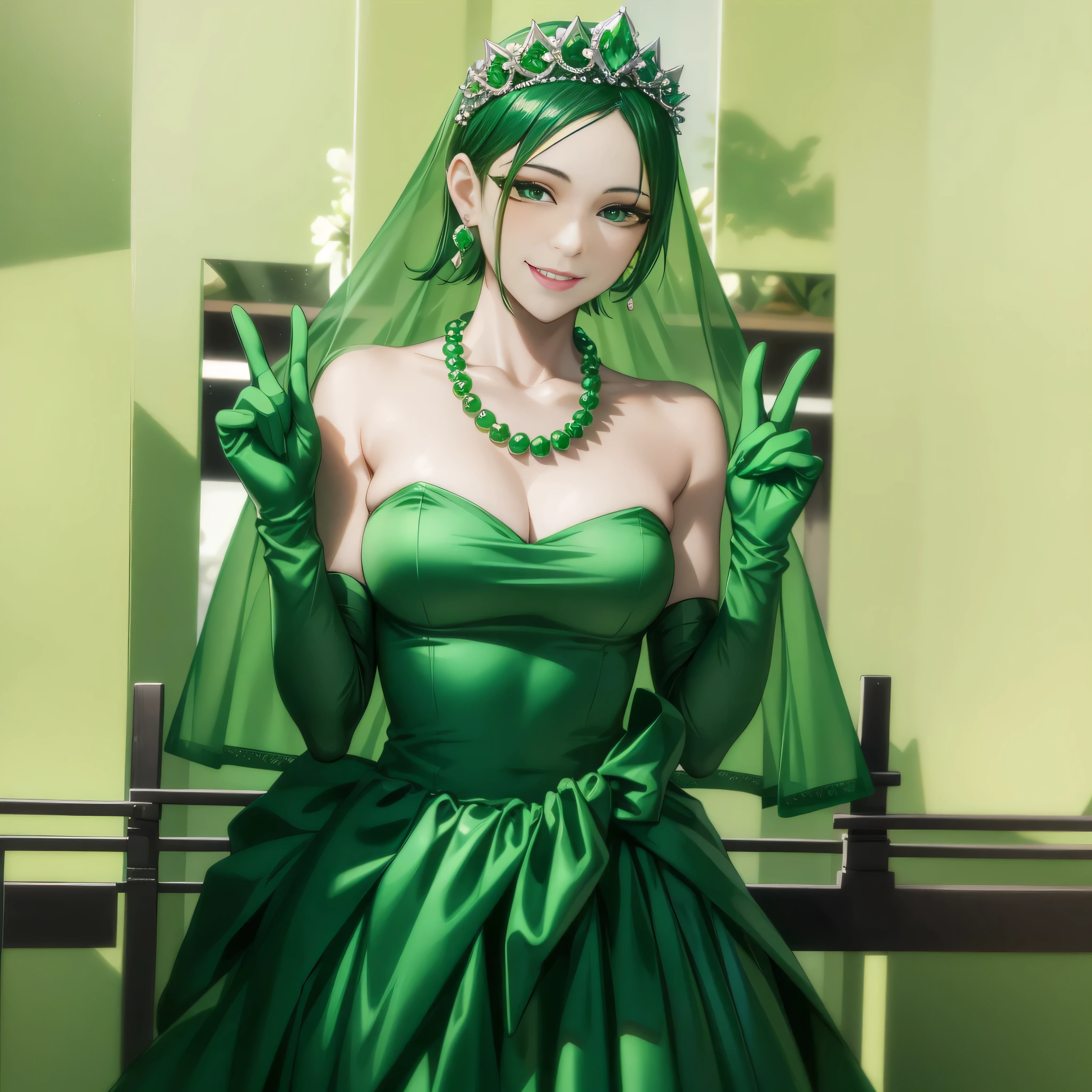Emerald tiara, Green Pearl Necklace, Boyish very short green hair, lipstick, Smiling Japanese woman, Very short hair, Big tits beautiful, Green Eyes, Long green satin gloves, Green Eyes, v sign, Emerald Earrings, Green Veil