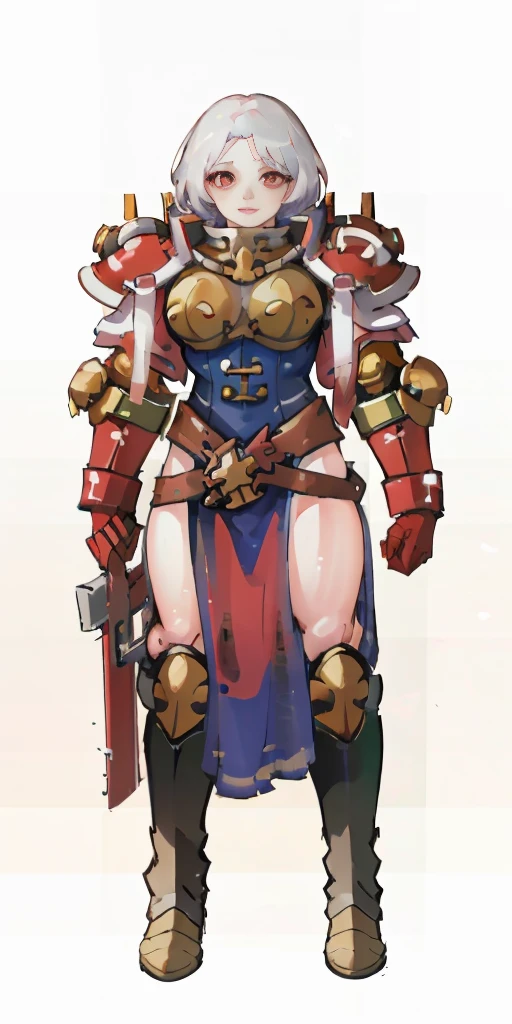 (masterpiece, best quality, 4k, 1girlsolo, 1MILF, mmplatz, smile, red cheeks, plain background:1.2), perfect face, perfect lighting, mature whsororitas with gloves red gauntlets in her hands like Cammy White from Street Fighter, bob white hair, warhammer 40k power armor suit, red eyes like rubies, full body armor, view from below, looking to the viewer, arms to the sides, military boots, silver skull big belt wide hips, 2 long legs