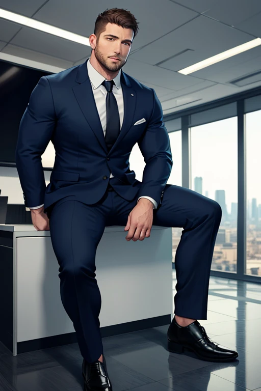 a handsome man sitting in the office,crew cut,business suit,windows,cityscape,full body,mature male,[plump],[chris redfield],