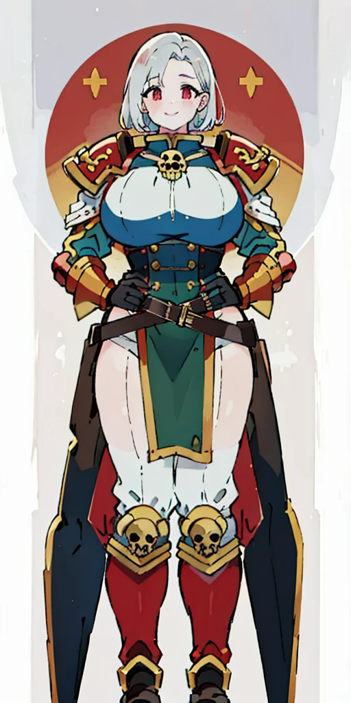 (masterpiece, best quality, 4k, 1girlsolo, 1MILF, mmplatz, smile, red cheeks, plain background:1.2), perfect face, perfect lighting, mature whsororitas with gloves red gauntlets in her hands like Cammy White from Street Fighter, bob white hair, warhammer 40k power armor suit, red eyes like rubies, full body armor, view from below, looking to the viewer, arms to the sides, military boots, silver skull big belt wide hips, 2 long legs
