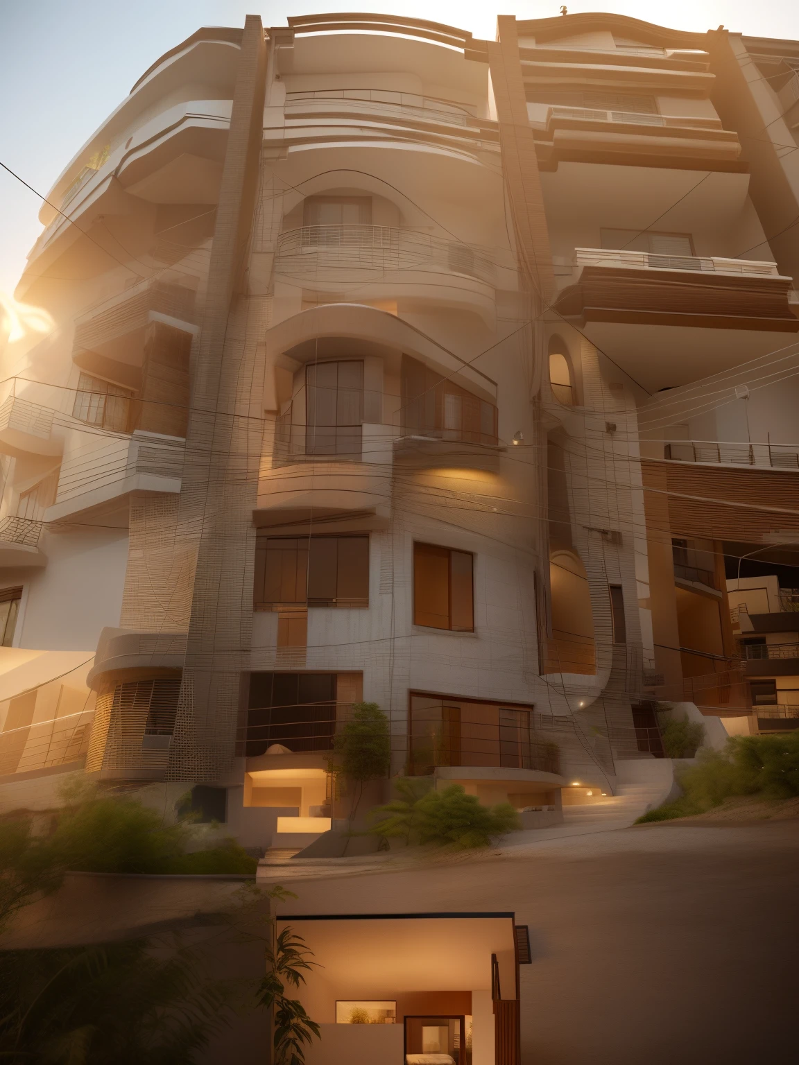 (Townhouse in city ,close houses and trees), daylight ( best quality) ((high solution)) ,(( photo realistic)) ,warm light, (sharp focus) front view of townhouse in style of modern,small house, Narrow area,VietNam,facade, curved arch,beautiful facade,curved windown,narrow and long ,two-storey,mutual colours, soft lighting, warm atmosphere,high Resolution, hyper detailed,4k ,vray render, octane render, hyper realistic, photography expert ,exterior design , professional photography, exterior photography,wide-angle shot , ultra detail , high Resolution , full frame, full body