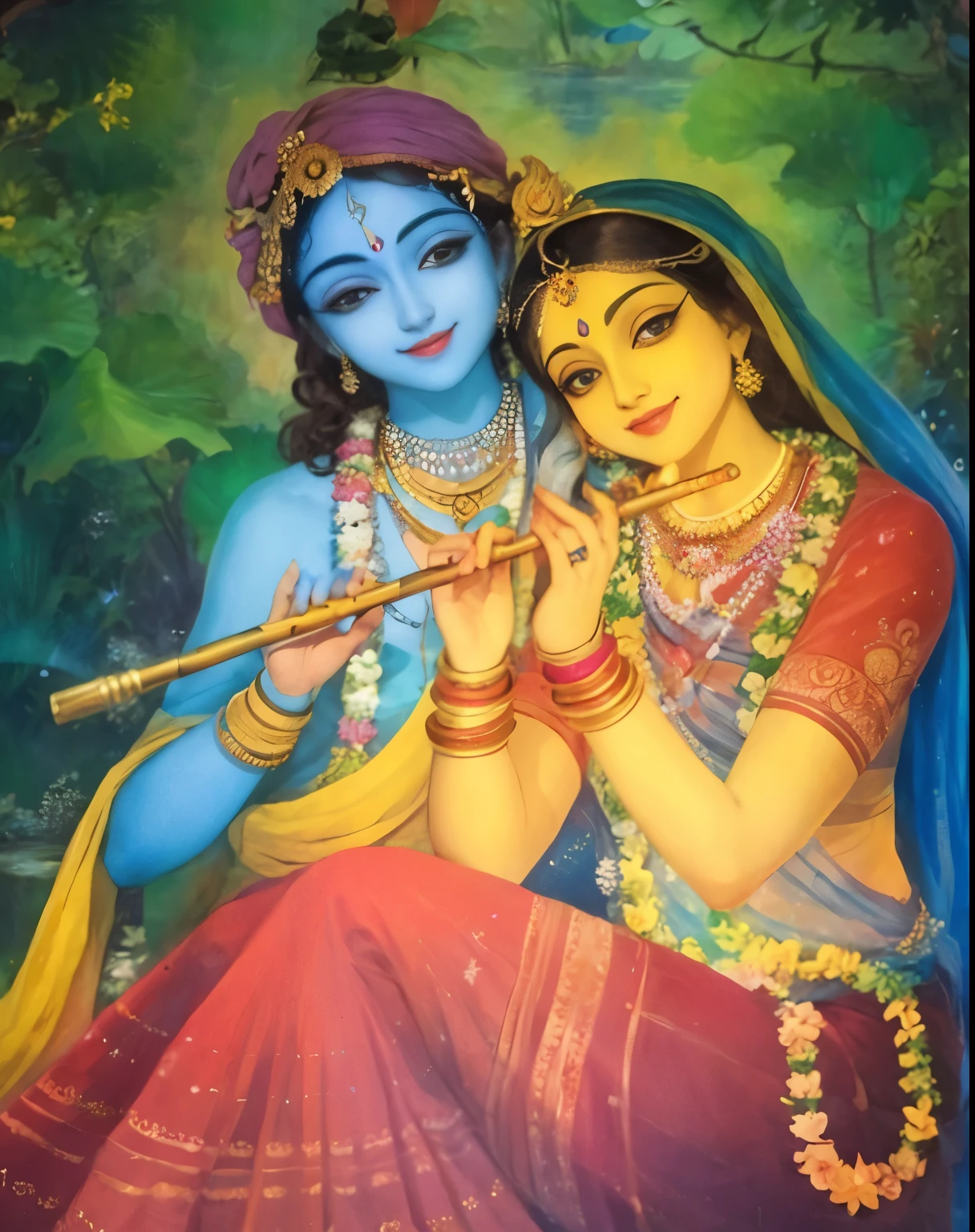 RadhaKrishna, holding a flute, beautiful charismatic faces, large lotus eyes full of love, divine smiles, flower garlands, golden ornaments, indian attire, forest scenery, bright colors