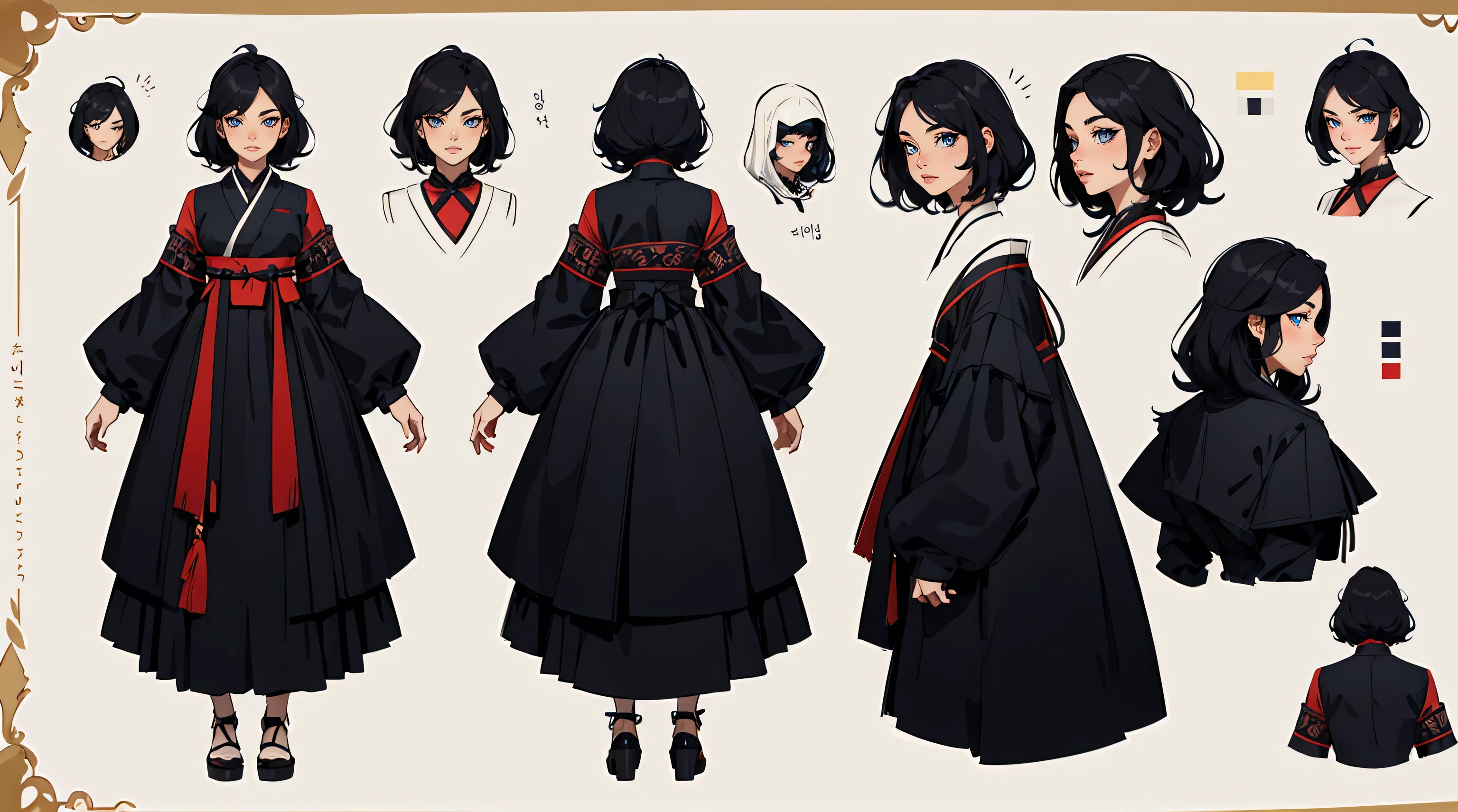 Female original character reference sheet adoptable,korean fashion,black longhair