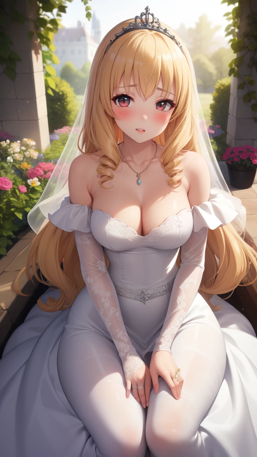 masterpiece, best quality, 1girl, very curly hair, blonde hair, shiny hair, tiara, diadem, medium breasts, narrow waist, looking at viewer, glossy lips, good lighting, latifa fleuranza, blush, wedding dress, off the shoulder, necklace, garden