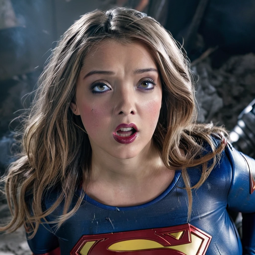 (best quality,4k,highres,masterpiece:1.2),ultra-detailed,realistic,portraits,vivid colors,dramatic lighting,Supergirl,annoyed,tattered uniform,ragged uniform,smoking crater,offended,shocked,alien robot gorilla,rocket (full body shot, show her entire body, head to toe) Please make sure your output is separated by commas.","Separated。The following is an example for reference： ``` (best quality,4k,highres,masterpiece:1.2),ultra-detailed,realistic,portraits,vivid colors,dramatic lighting,Supergirl,annoyed,tattered uniform,ragged uniform,smoking crater,offended,shocked,alien robot gorilla,rocket (full body shot, show her entire body, head to toe) ```