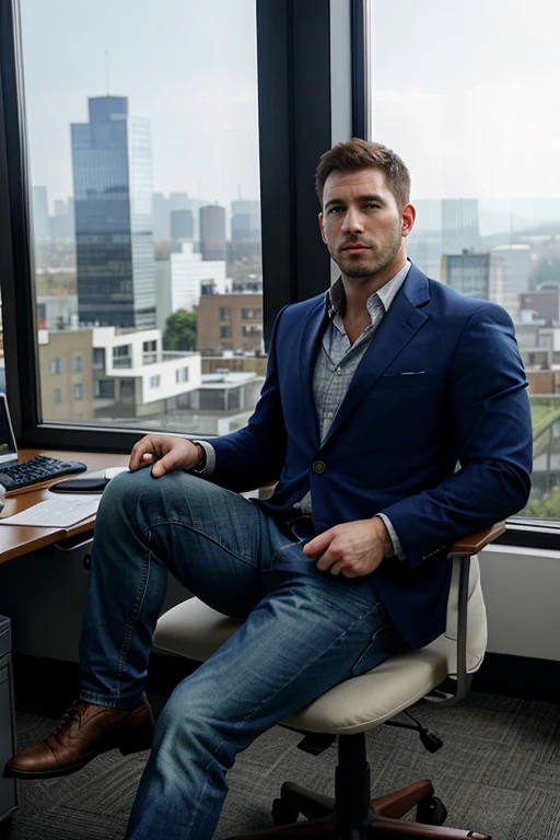 a handsome man sitting in the office,crew cut,business suit,windows,cityscape,full body,mature male,[plump],[chris redfield], jeans