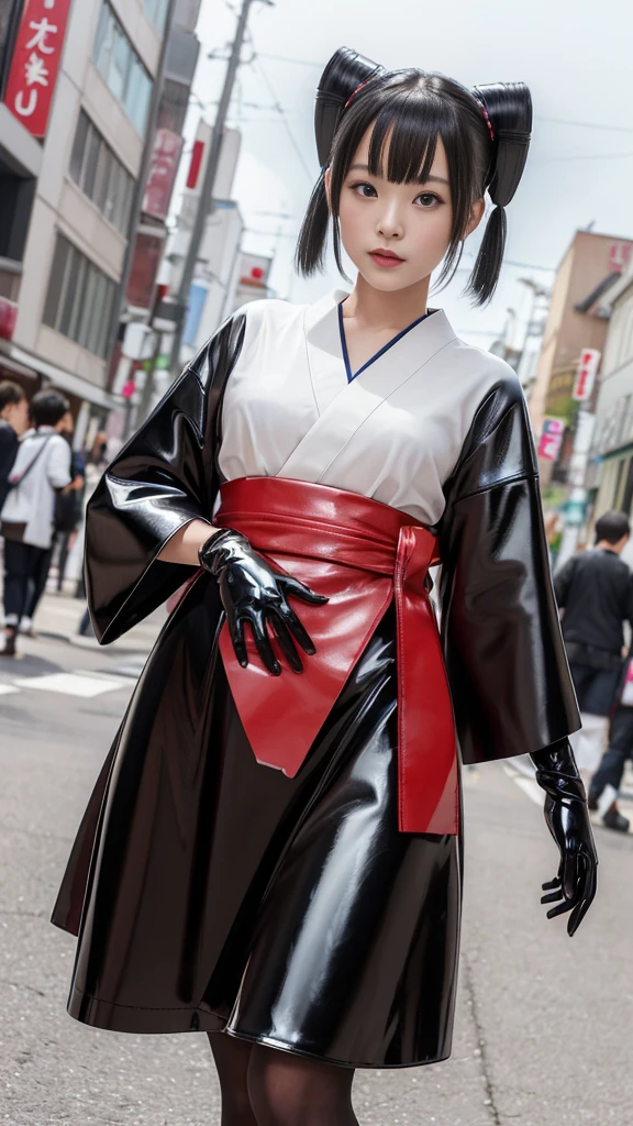 (Tabletop:1.0), (highest quality:1.4), (High resolution:1.2), (Realistic:1.4),(From below:1.5), (8k, RAW Photos:1.2), (Soft Focus:1.4),There is a girl wearing japanese miko kimono who is standing On the street and taking pictures.............................................................,Lesbians all over, She wears Gothic Lolita, break,She wears Gothic Lolita ,break,(半透明latex巫女着物:1.5),Slime Skin,break, Smooth and tight ,( the Shiny leather black gloves:1.4),break, Clear skin,latex, Translucent body,latex Shiny, Gloves that feel right next to your skin,Bob Hair, Shiny reflective,Gal Makeup,Japanese Goddess, Glowing Skin,Gorgeous Japanese Model,Shiny,Shiny,slimy,(半透明latex袴:1.5),close,Detailed Background,On the street