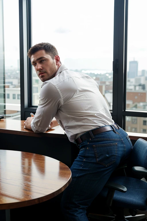 a handsome man sitting in the office,crew cut,business suit,windows,cityscape,full body,mature male,[plump],[chris redfield], jeans backside 