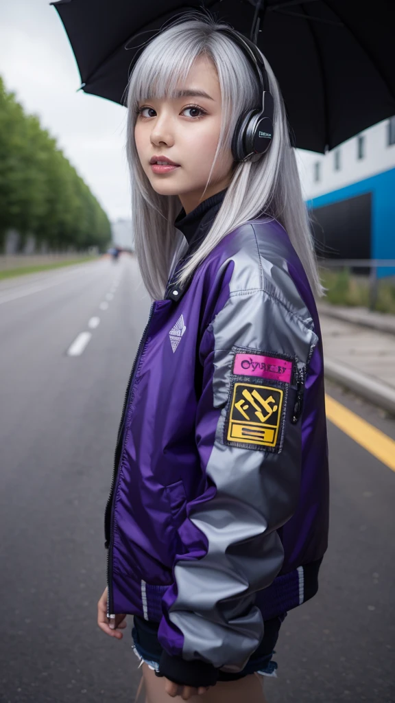 One girl, Gray Hair, Long Hair, Techwear masterpiece, highest quality, Realistic, realism, Dark purple jacket, Portraiture, Fine grain, Wearing the headset, Platinum Hair, 21 year old girl, Fashion pose, Half Body, Wide shot, on the road, cyber punk