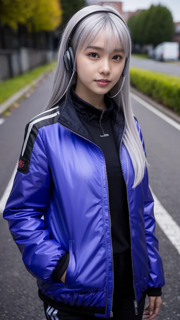 One girl, Gray Hair, Long Hair, Techwear masterpiece, highest quality, Realistic, realism, Dark purple jacket, Portraiture, Fine grain, Wearing the headset, Platinum Hair, 21 year old girl, Fashion pose, Half Body, Wide shot, on the road, cyber punk
