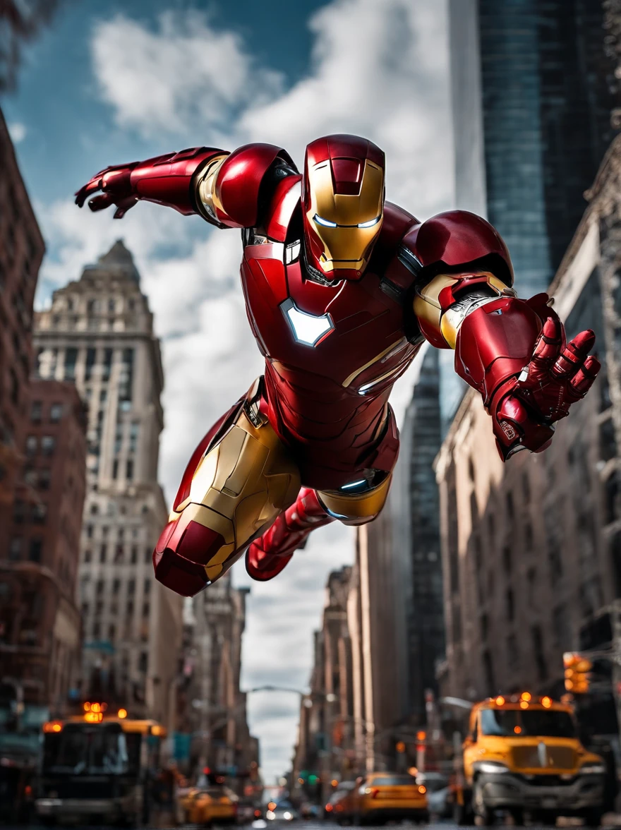Iron Man with his state-of-the-art red armor with his jet thrusters flying through New York City