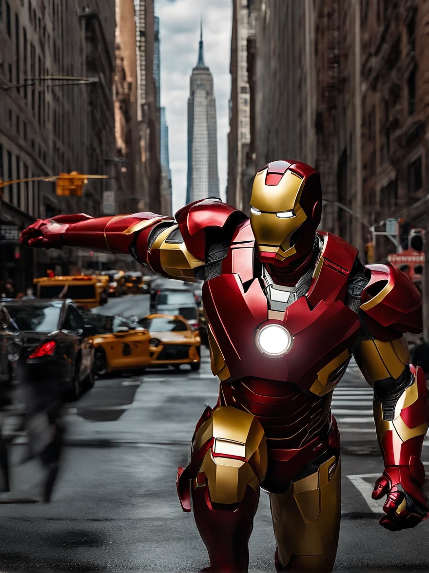 Iron Man with his state-of-the-art red armor with his jet thrusters flying through New York City 