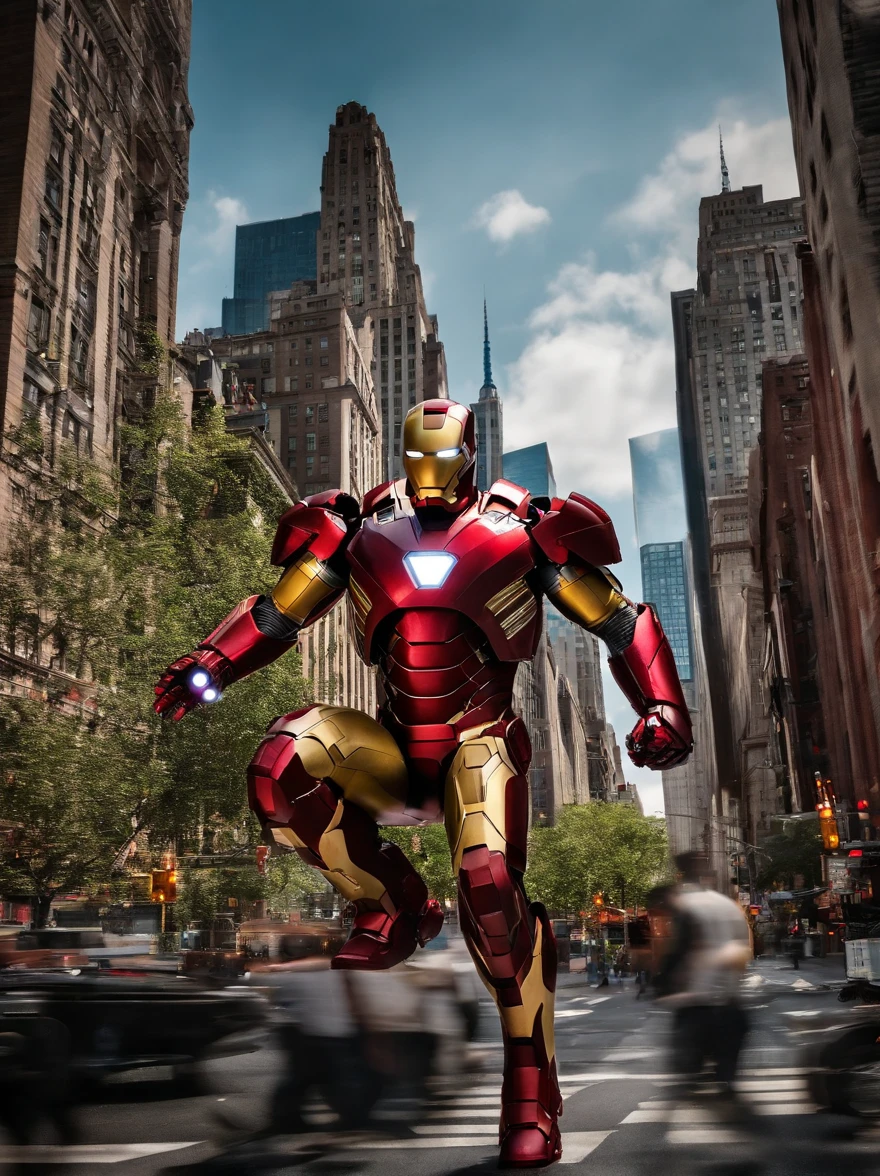 Iron Man with his state-of-the-art red armor with his jet thrusters flying through New York City
