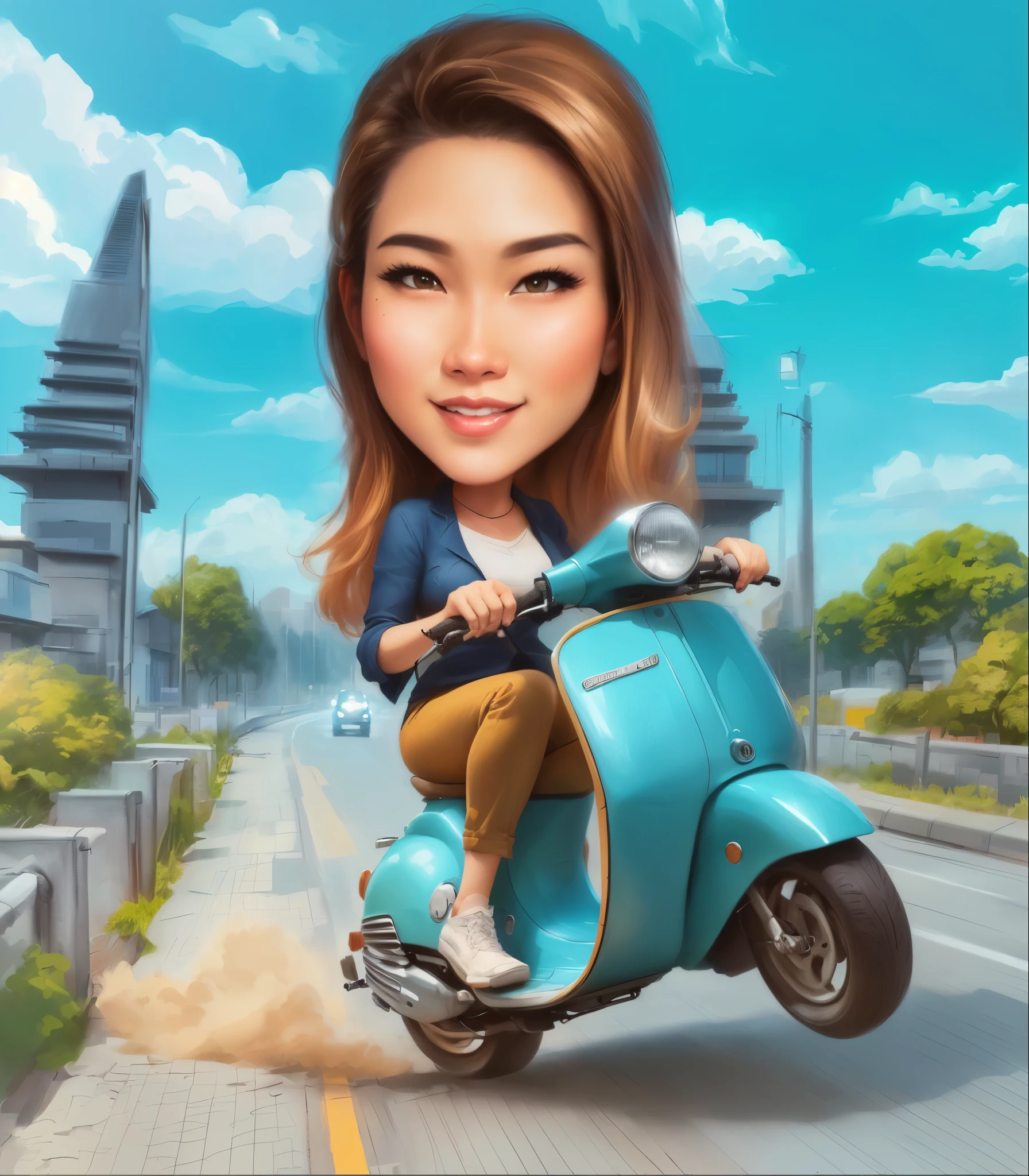 a woman riding a scooter on a road with a sky background, realism artstyle, cartoon artstyle, in cartoon style, caricature illustration, photorealistic!!!!!!! art style, inspired by Rudy Siswanto, digital art cartoon, cartoon digital painting, cartoon art, caricature style, cartoon digital art, cartoon portrait, inspired by Oka Yasutomo, caricature!!!