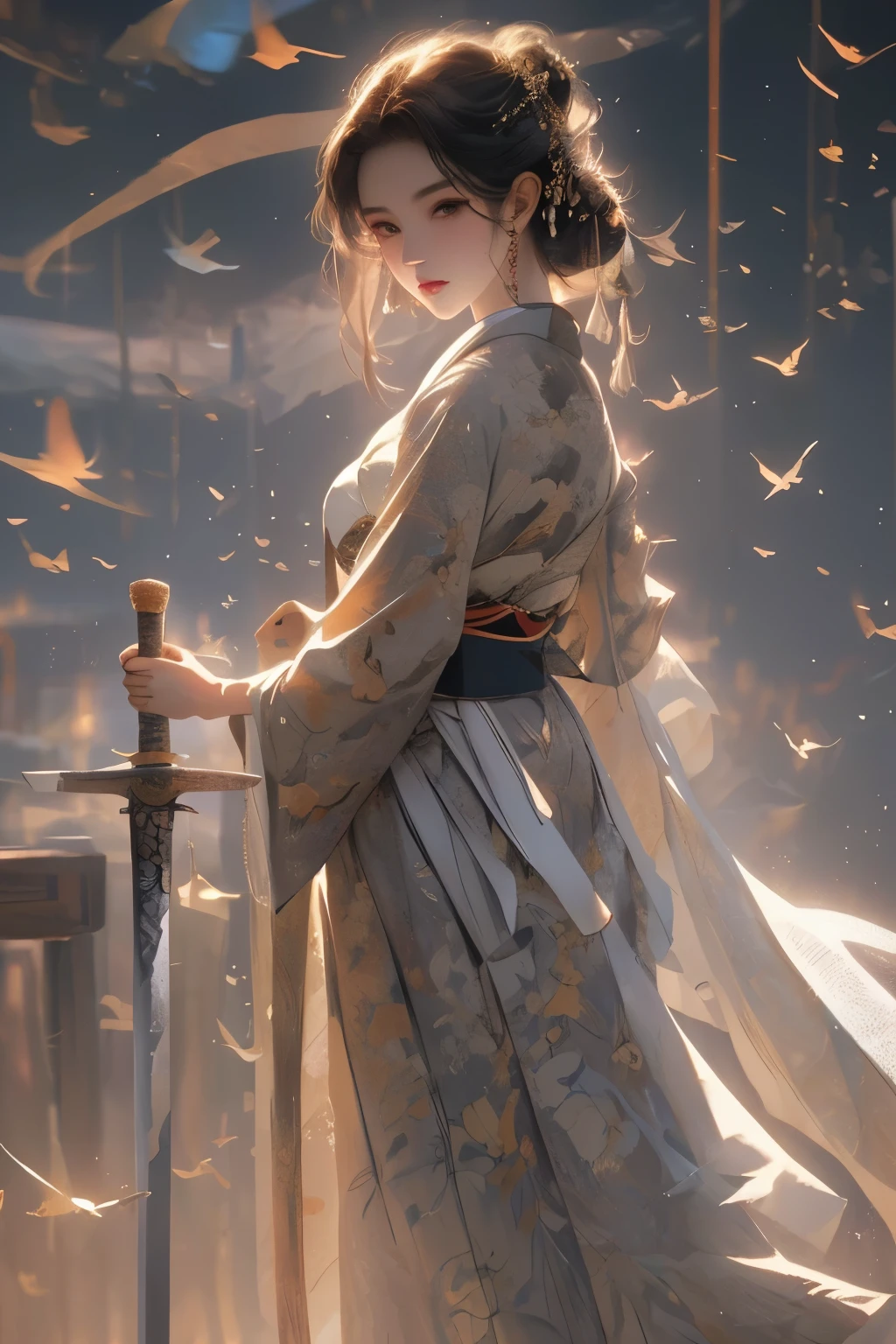 masterpiece, A high resolution, High detail face, ( Female swordsman wearing sword on side: 1.2), (Carrying a sword: 1.2), (Full body image), (Showing off her long white legs:1.4), (White horse-faced skirt Hanfu), Slim body, detailed jewellery, Cute face, Practical, Edge lighting, Two-color lighting, (High Detail Skin: 1.2), 8k, Ultra HD, Digital SLR Camera, soft light, Volumetric Light, high resolution, 8k, Background blur,