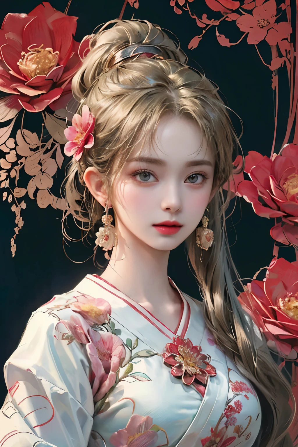 (masterpiece, top quality, best quality, official art, Beautiful and beautiful:1.2), (1 Girl:1.3), Extremely detailed,(Fractal Art:1.1),(rich and colorful:1.1)(Flowers:1.3),The most detailed,(Zentangle:1.2), (Dynamic poses), (Abstract Background:1.3), (Chinese Traditional Cloth:1.2), (Glowing skin), (Many colors:1.4), ,(earrings:1.4),