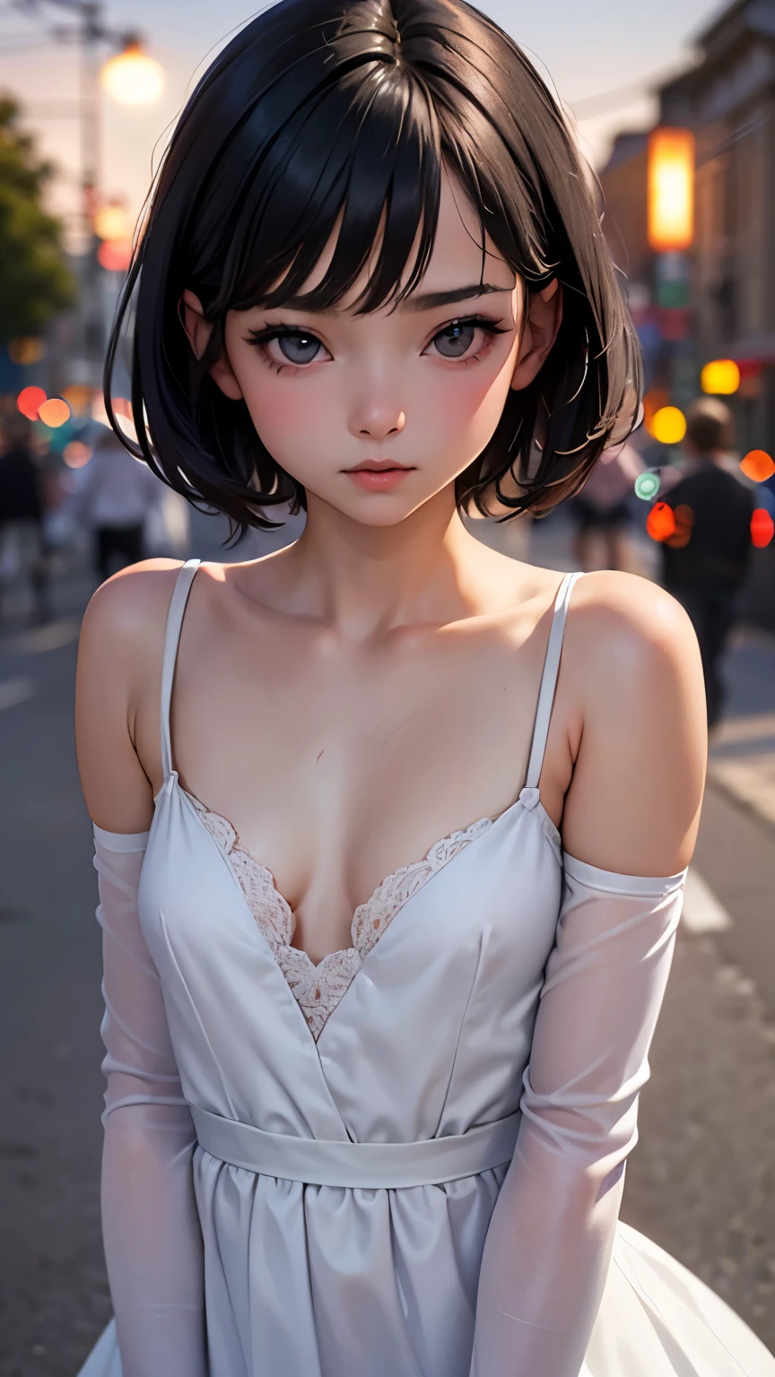 (Half Body Shot,Street lamp,moon),masterpiece, One girl, Solo Exhibitions, Beautiful woman with small breasts, nightのビーチ, Beautiful Goddess Girl Portrait, Beautiful and elaborate face, Porcelain-like skin, (((Bust Shot, center, night, Black Hair, short hair)), Very soft lighting, Full Shot,Symmetric, complicated, grace, Attention to detail, realism, art, concept art,White clothes