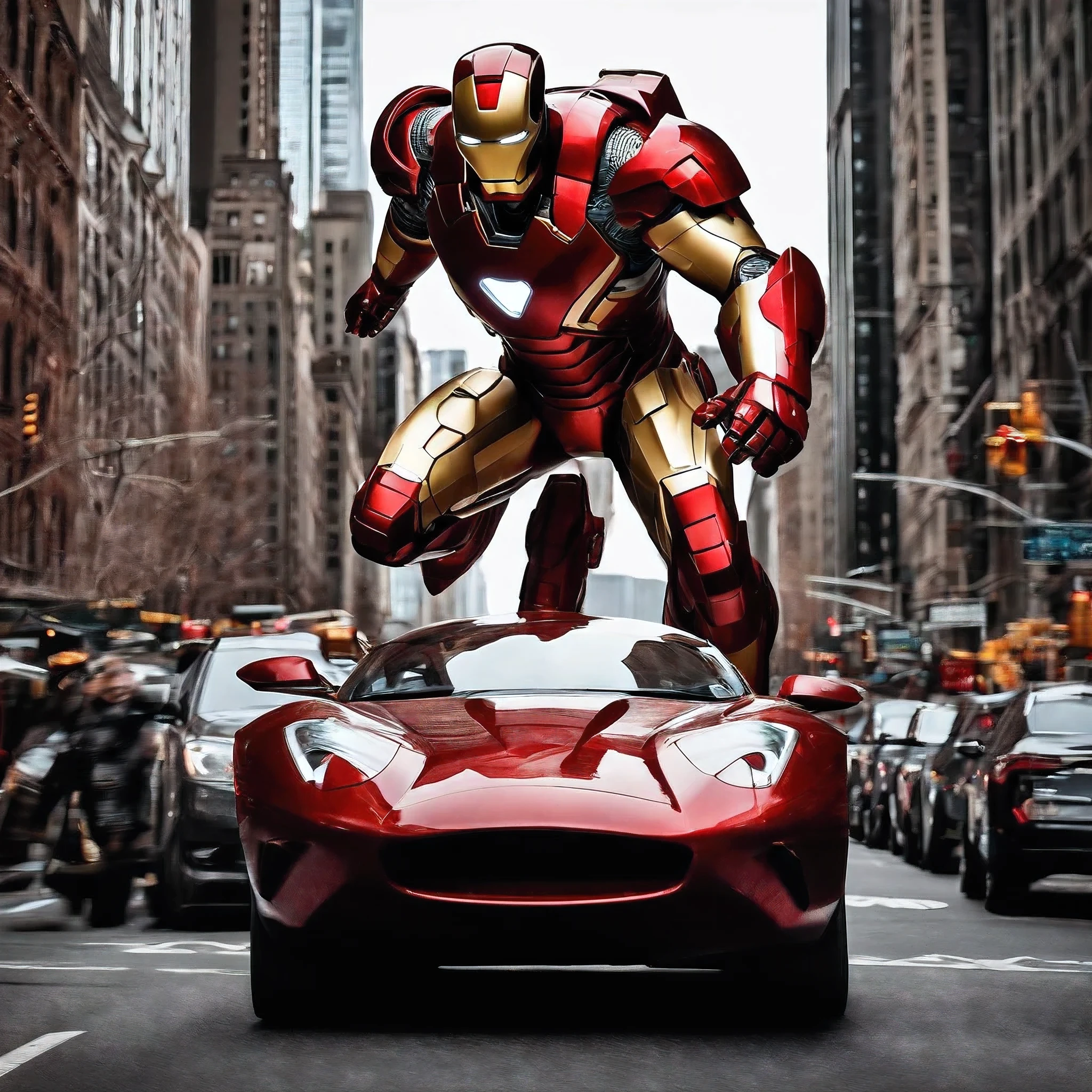 Iron Man with his state-of-the-art red armor with his jet thrusters flying through New York City