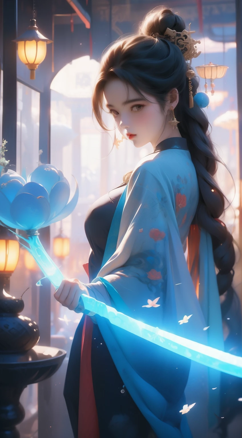 Two-dimensional woman in blue hanfu skirt holding a fan anime beauty