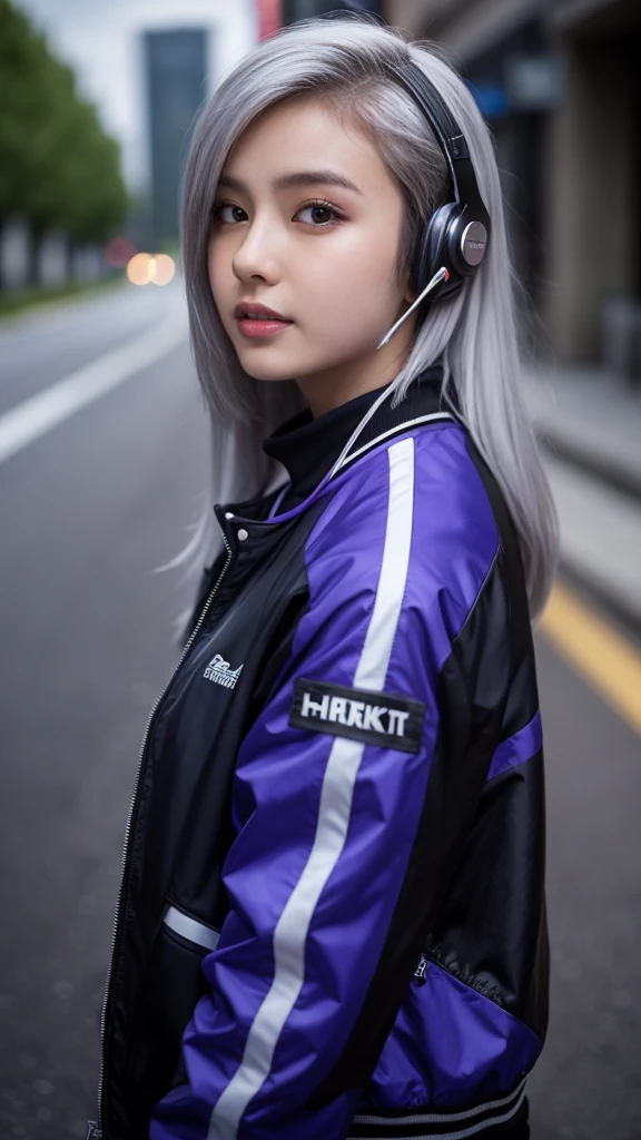 One girl, Gray Hair, Long Hair, Techwear masterpiece, highest quality, Realistic, realism, Dark purple jacket, Portraiture, Fine grain, Wearing the headset, Platinum Hair, 21 year old girl, Fashion pose, Half Body, Wide shot, on the road, cyber punk