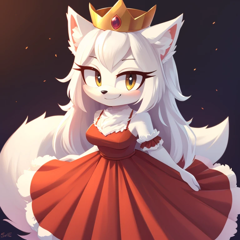 (score_9, score_8_up, 2d), Russian tsarina, polar wolf mobian, female mobian, sonic_(series), tsarina crown, russian, (russian golden royal dress, long skirt dress, round dress), (medium breasts:0.7), ((thin, white muzzle)), ((white hair, long hair, ((white fur, white body, fluffy fur)))), (fluffy hair, fluffy tail, (large tail)), smile, beautiful, cute, dominant, solo, upper body.