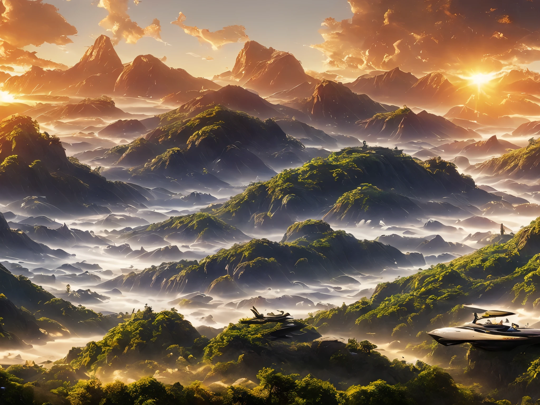 (masterpiece,highest quality,Very detailedな,High resolution,Very detailed), figure, landscape, Alien Jungle, Flying Bird, Huge planet in the sky, Spectacle, evening, High mountains in the background々, Twilight Light, performer, leaf, unmanned, Jim Burns, Fantasy,