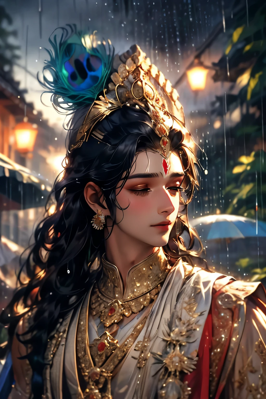 a close up picture of Lord Krishna's face looking towards the sky, as he looks up the (rain drops: 1.3) fall on his face, a very beautiful man, long hair, black hair, wavy hair, peacock feathers, (elegant make up: 1.3) wet hair, closed eyes, he wears an elegant, intricate dress, there is a sense of joy on his face, a royal street at night. cloudy night, black horns