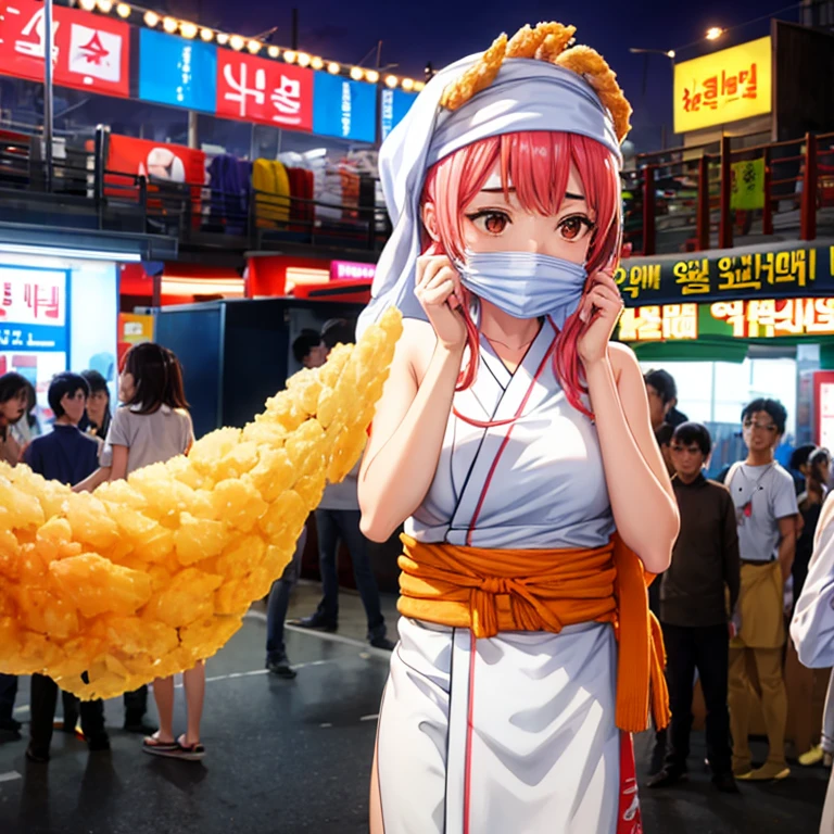 A woman with a towel wrapped around her head making a large amount of tempura at a Korean night market　highest quality