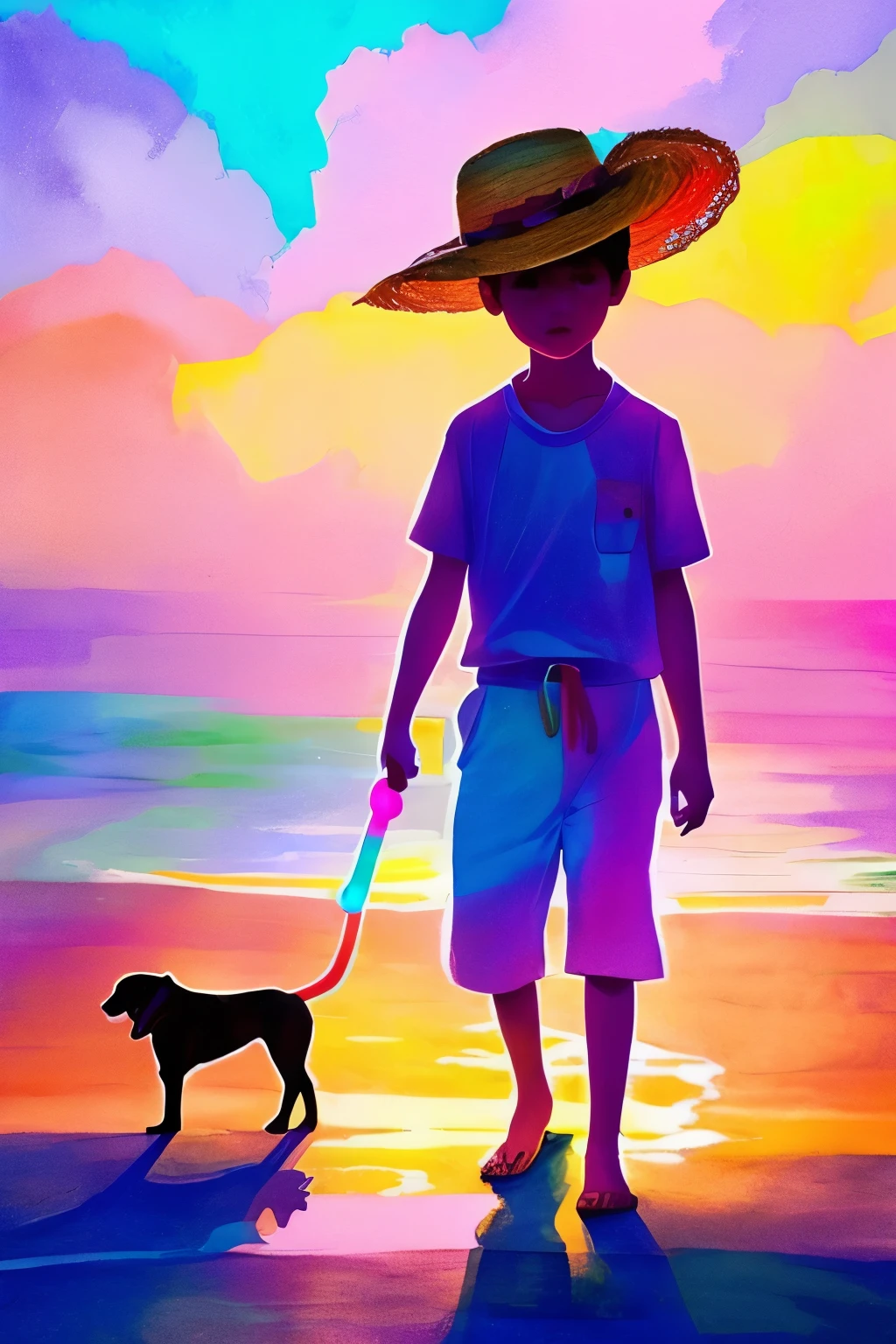a boy,whole,put on a straw hat,a dog, luminous design, pastel colours, ink drips, spring lights