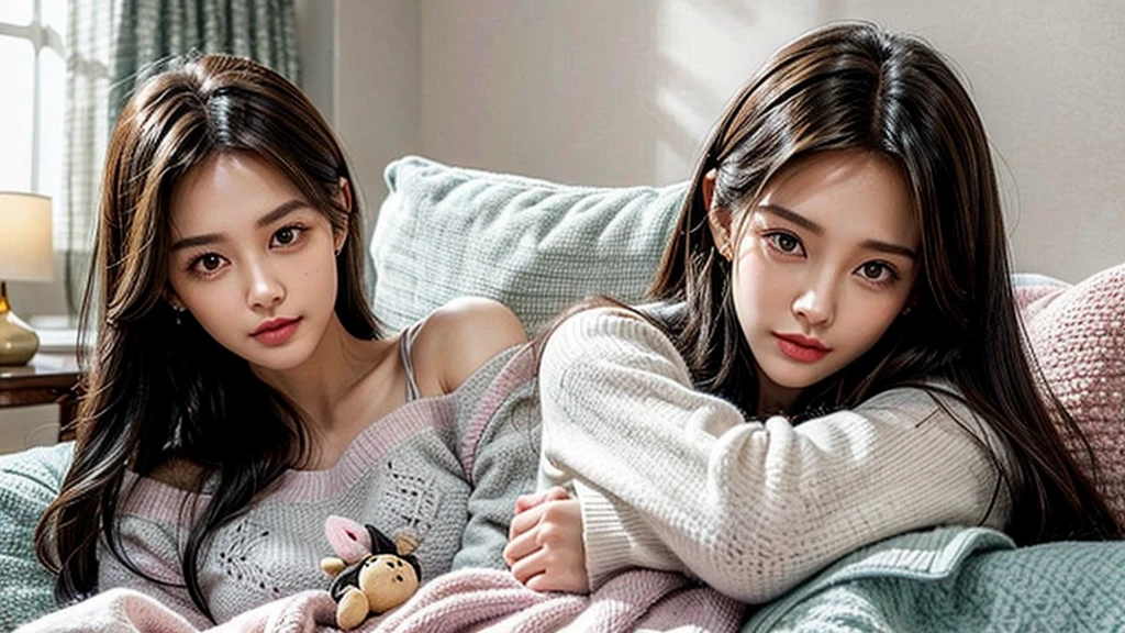 girl, cute pajamas, lying on sofa, soft and comfortable fabric, pastel colors, cozy atmosphere, fluffy cushions, warm blanket, dreamy expression, soft lighting, gentle and peaceful, beautiful dreams, sweet sleep. (best quality, ultra-detailed, realistic:1.37), warm lighting, pastel color palette, soft focus, comfortable and inviting environment, delicate and intricate patterns on the pajamas, relaxed and contented posture, soft and flowing hair, serene and tranquil ambience, overall sense of calm and tranquility.