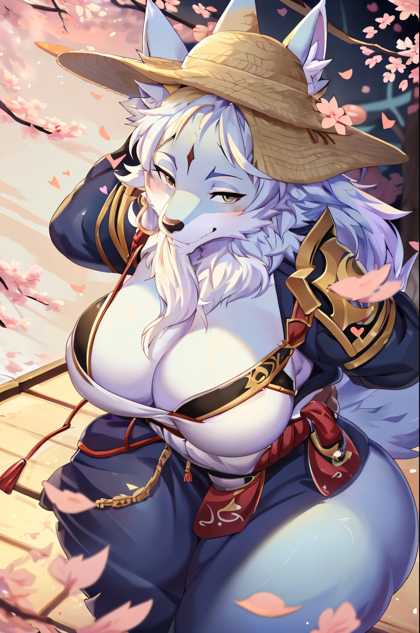 ((8k, 4k, Detailed, High quality, masterpiece, perfect anatomy)), text, furry, female, mature female, kemono, ((by Hyattlen), Law, (Sdorica), wolf, sexy body, big breasts, cute face, clean eyes, tail, thick thighs, ronin armor, ronin straw hat, body movement, wagging tail, seductive look, hearts, wallpaper, in the cherry blossom park,