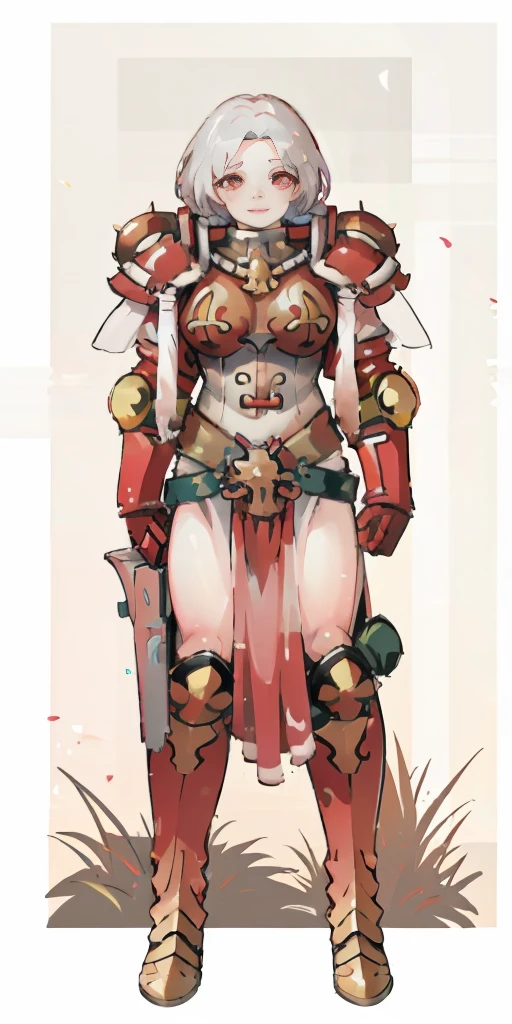 (masterpiece, best quality, 4k, 1girlsolo, 1MILF, mmplatz, smile, red cheeks, plain background:1.2) perfect face, perfect lighting, mature whsororitas with gloves red gauntlets in her hands like Cammy White from Street Fighter, bob white hair, warhammer 40k power armor suit with loincloth, red eyes like rubies, full body RED armor, view from below, looking to the viewer, arms to the sides empty hands, RED military boots, silver skull ornament attached to crossing 2 belt wide hips, 2 long legs