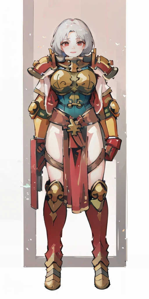 (masterpiece, best quality, 4k, 1girlsolo, 1MILF, mmplatz, smile, red cheeks, plain background:1.2) perfect face, perfect lighting, mature whsororitas with gloves red gauntlets in her hands like Cammy White from Street Fighter, bob white hair, warhammer 40k power armor suit with loincloth, red eyes like rubies, full body RED armor, view from below, looking to the viewer, arms to the sides empty hands, RED military boots, silver skull ornament attached to crossing 2 belt wide hips, 2 long legs