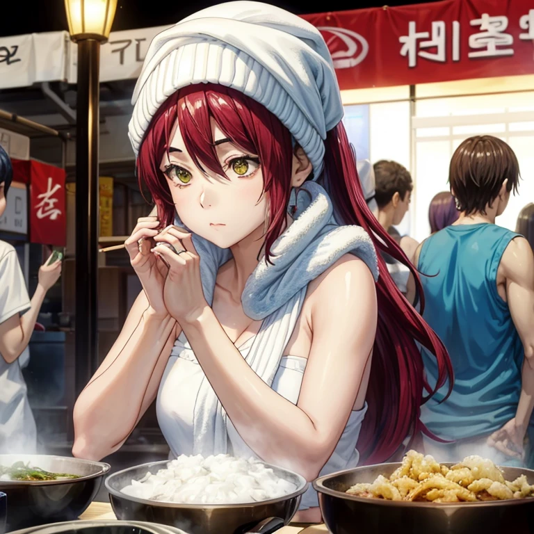 A woman with a towel wrapped around her head making a large amount of tempura at a Korean night market highest quality