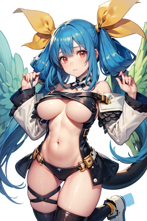 (8K,masterpiece, quality),ggdizzy, blue hair and red eyes,hair ribbon,  tail, tail ornament,navel,(under_boob),(No expression),,Angle looking down from the feet.(upperbody:1),(stomach:1.3)