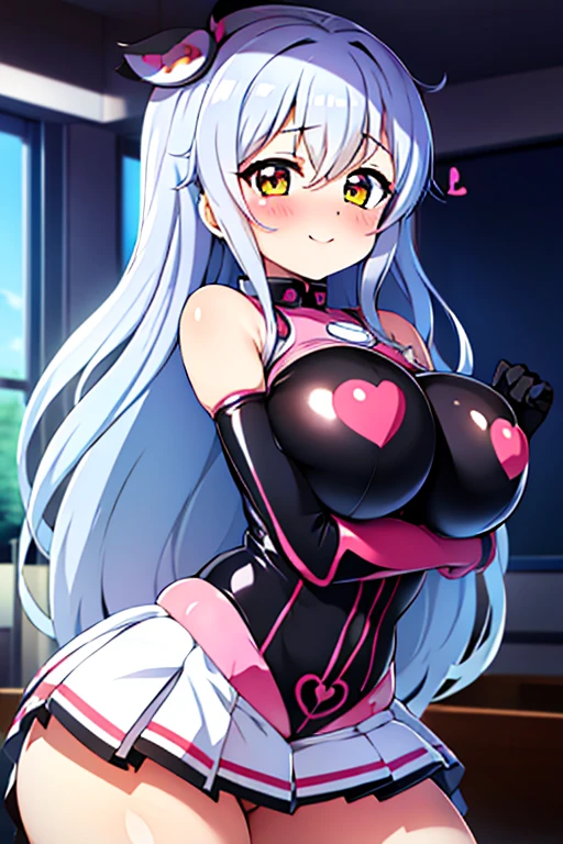 masterpiece, best quality, ultra-detailed, kawaii, cute, lovely, sexy, ero, extremely detailed, 4K, 8K, best quality, beautiful, anime style, in the classroom, a cute girl, latex bodysuit, beautiful eyes, large breast, ahegao ,minato yukina,yellow eyes,grey hair,bang dream!,long hair,lift up skirt,sexy pose,seductive smile,heart-shaped pupils