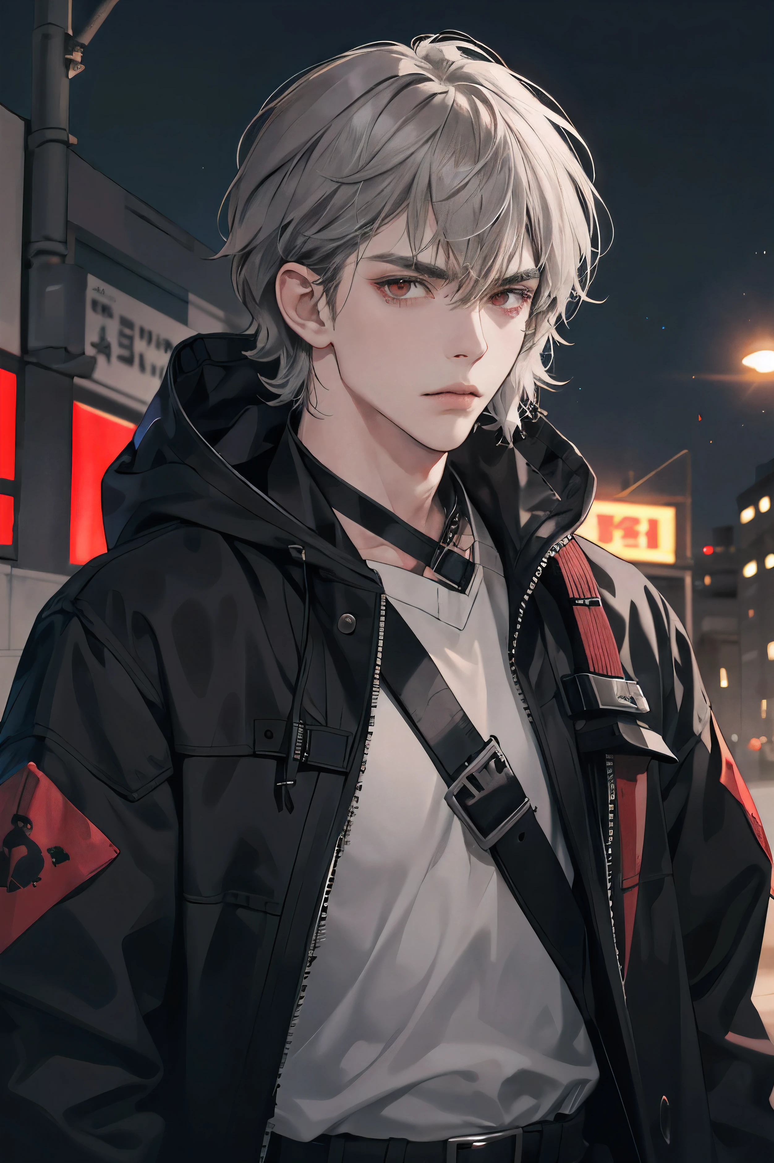 upper body, looking at viewer, 1 man, solo, black techwear coat, dark fantasy city, short gray shaggy hair, red eyes, brutal, detalized face, with buckle and tape, hood, weapon, serious expression, vampire hunter