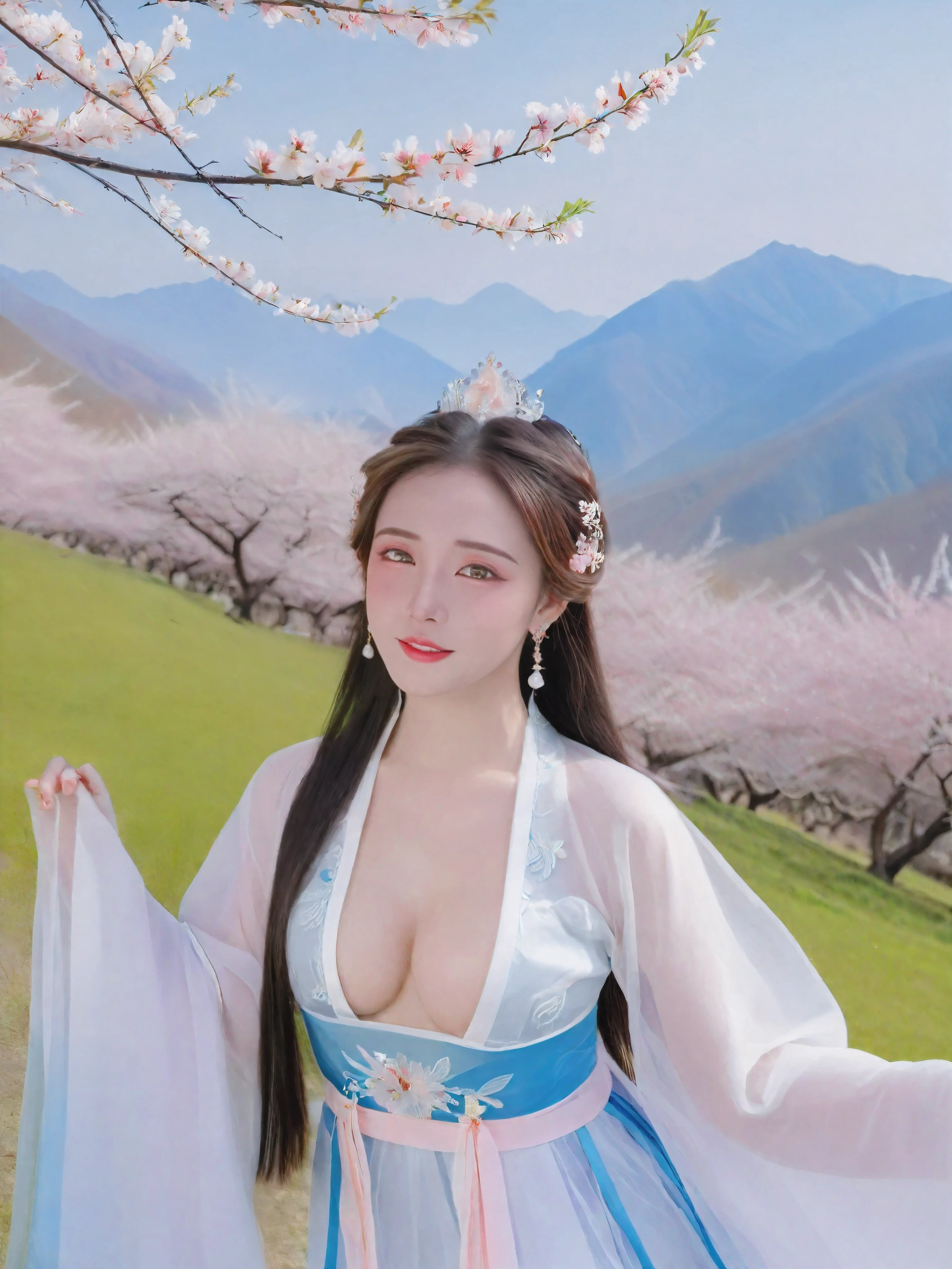 There are blue sky, white clouds and mountains in the distance、tower and many people，Pink flowers，Cherry tree，Hanfu woman,Phoenix crown tiara、Fine embroidery、Wear Hanfu pantyhose、Hanfu、Wear long-sleeved Hanfu、Transparent and clearly visible、Look and、Exposed oversized breasts、Raw,(8k、Top quality、masterpiece:1.8)、(Intricate details:1.8)、(Reality:1.8)、Octane Rendering、Complex 3D rendering with ultra-details, Studio soft light, Side light, Vivid details, Super Detail, Realistic skin texture, Details, beautiful eyes, Highly detailed CG Unity 16k wallpaper, cosmetic, (Detailed background:2.0), Clear fingers，Beautiful fingers，Radiant skin、Spread your legs，Camel toe showing thigh!!!、