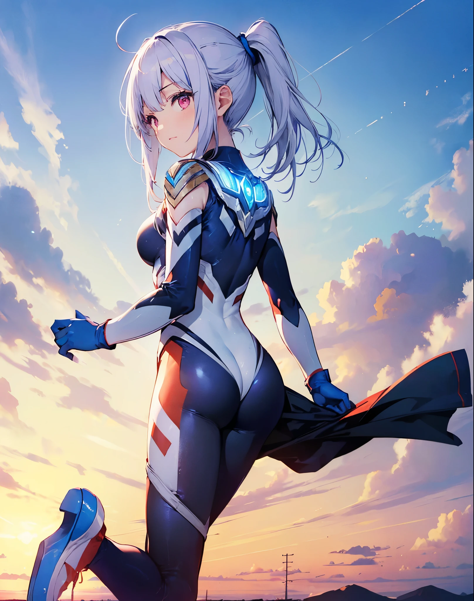 Realistic,highest quality, Ultra Detail, High-quality CG rendering, The most delicate and beautiful, Floating softly, High resolution, (1 girl), (Highest quality,4K,8K,masterpiece:1.2) ,Light purple hair,Rabbit,Bunny ears,ponytail,Red eyes,(Ultra Girl:1.0),(Bright blue Ultraman bodysuit:1.4),(Blue gloves:1.3),(Blue shoes:1.3), (Turn your back to your audience:1.3),Ass,(背中にウサギのAss尾:1.5)