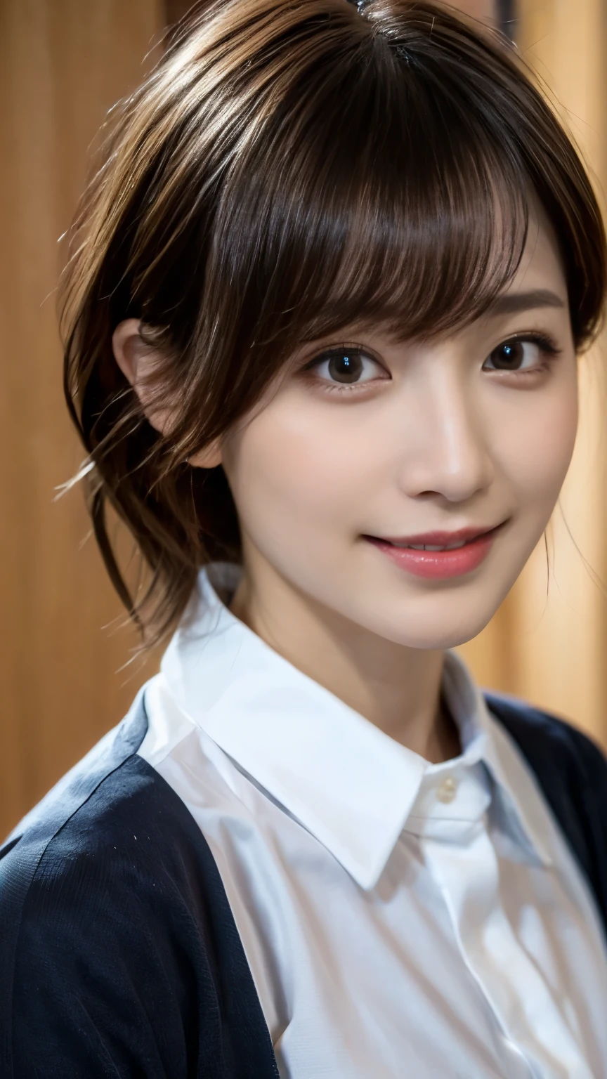 1 Female,Photorealistic,Highest quality,Ultra high definition,8K,Cool Beauty,Beauty,Perfect Style,shirt,Tight pants,Japanese,Upper body close-up,smile