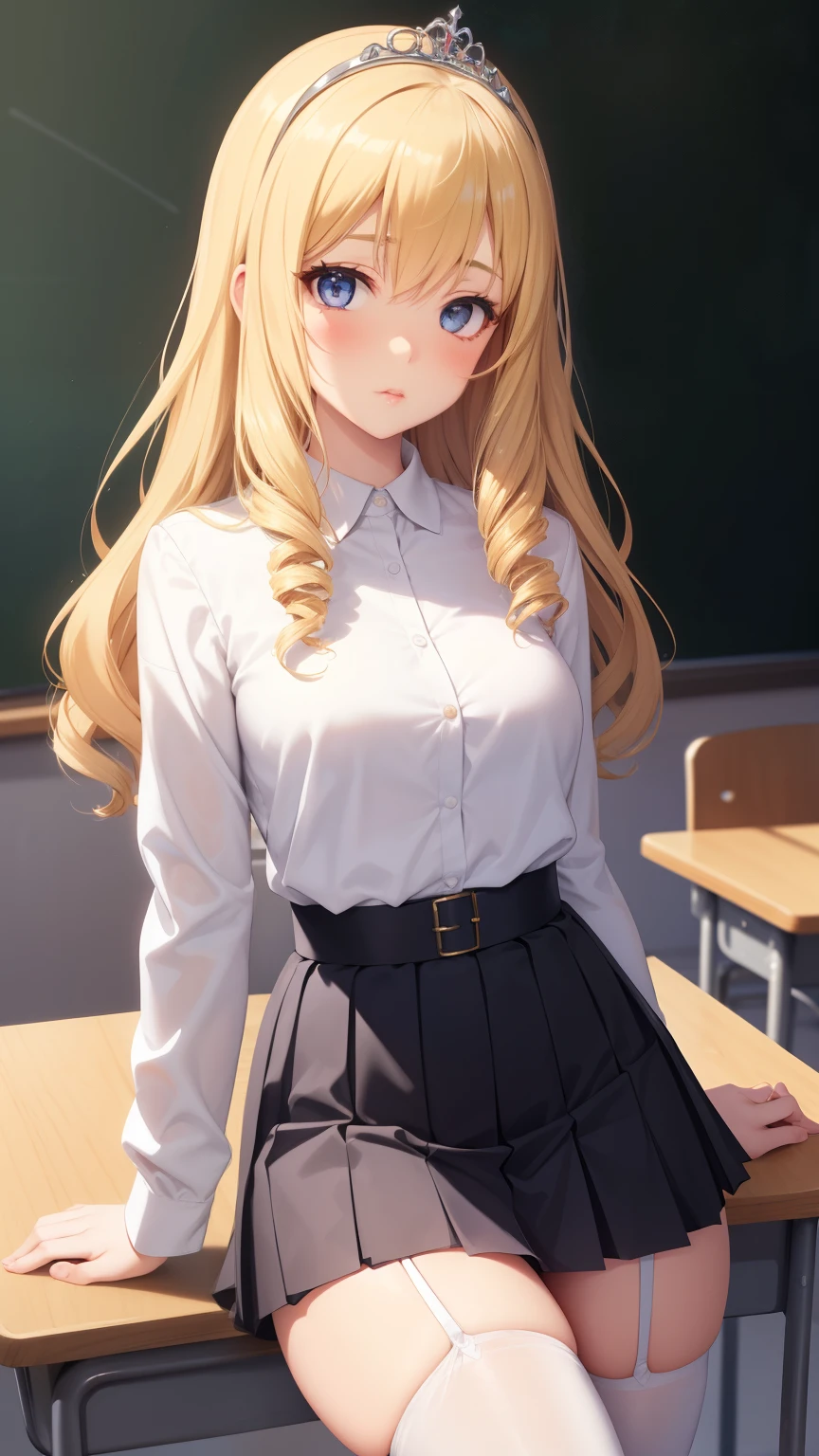 masterpiece, best quality, 1girl, very curly hair, blonde hair, shiny hair, tiara, diadem, medium breasts, narrow waist, looking at viewer, glossy lips, good lighting, latifa fleuranza, pouting, classroom, sitting, white shirt, pleated black miniskirt, white thigh highs