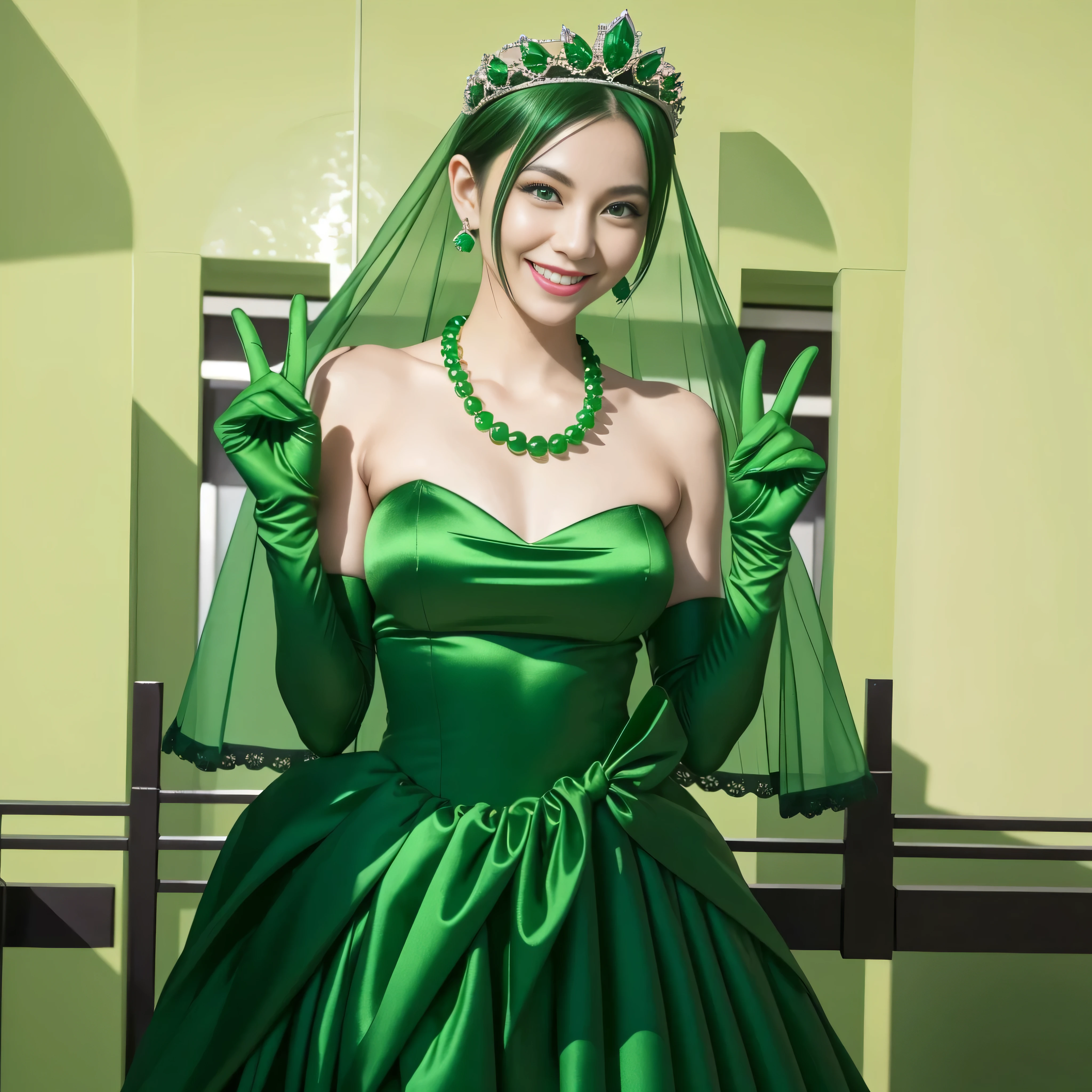 Emerald tiara, Green Pearl Necklace, Boyish very short green hair, lipstick, Smiling Japanese woman, Very short hair, Big tits beautiful, Green Eyes, Long green satin gloves, Green Eyes, v sign, Emerald Earrings, Green Veil