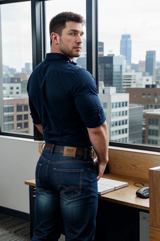 a handsome man in the office,crew cut,business,windows,cityscape,full body,mature male,[plump],[chris redfield], big butt, jeans backside 