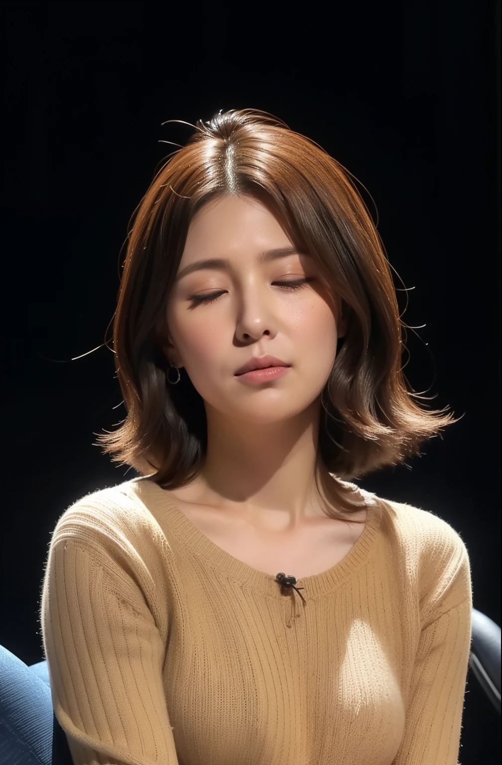 High resolution, High resolution, Attention to detail, masterpiece, Rough skin, Anatomically correct, sharp, ((Japanese、30 years old)), alone, ((Facial wrinkles)), Shapely large breasts, Straight light brown hair that reaches the shoulders, Slim figure, Big Breasts、(The backdrop seen by the audience on stage at the show)、(((Sitting on a chair on stage, Look down、Close ~ eyes, sleep, Unconscious、Expressionless))), sweater, jeans, ((Cowboy Shot, From below))
