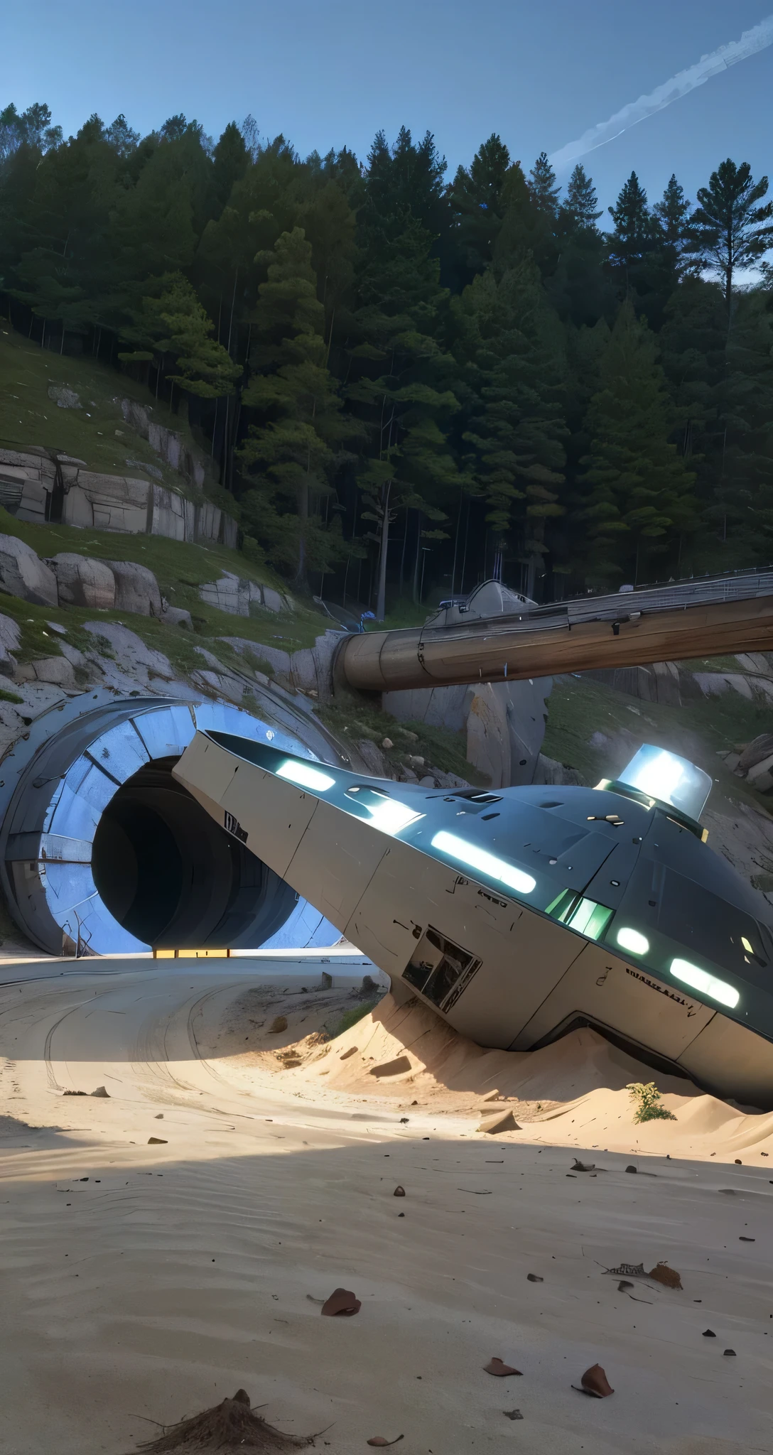 UFO crashed in the park, with wood chips and steel, gray, green hills, tunnel, blue walls, spaceship, tunnel, Photo taken, Shoot with a Canon camera，Wide-angle lens，Bright colors，High Saturation，Natural light，Crisp details，and pleasant，Adventure Sports

