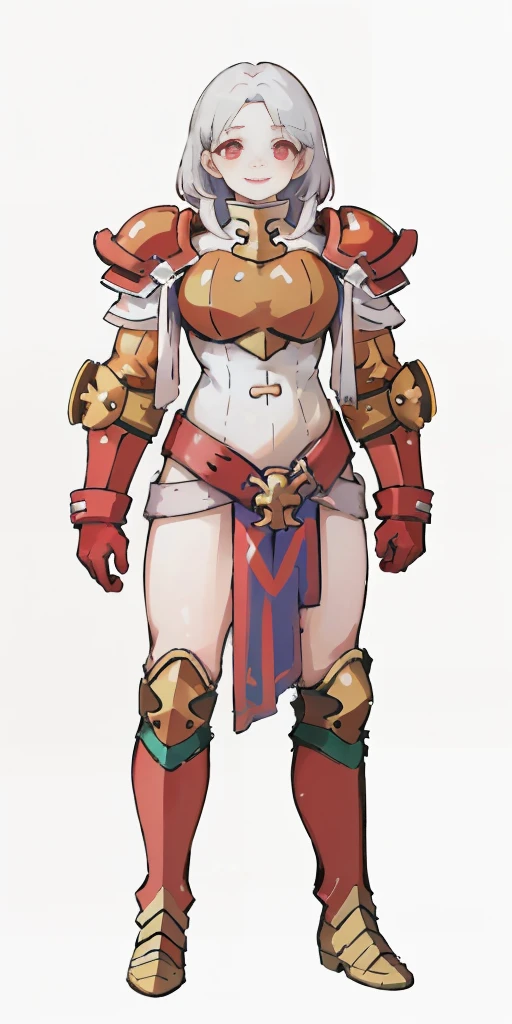 (masterpiece, best quality, 4k, 1girlsolo, 1MILF, mmplatz, smile, red cheeks, plain background:1.2) perfect face, perfect lighting, mature whsororitas with gloves red gauntlets in her hands like Cammy White from Street Fighter, bob white hair, warhammer 40k power armor suit with loincloth, red eyes like rubies, full body RED armor, view from below, looking to the viewer, arms to the sides empty hands, RED military boots, silver skull ornament attached to crossing 2 belt wide hips, 2 long legs