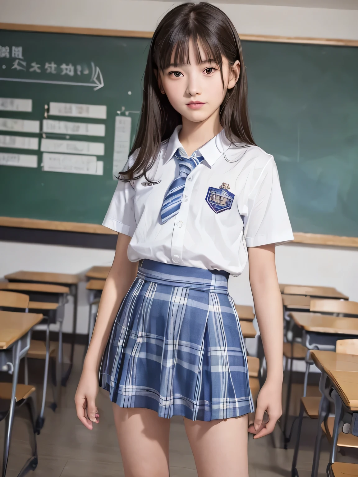 (masterpiece, highest quality:1.2), 8k, Young and beautiful girl, 85mm,Official AR RAW Photos, Baby Face, photo shoot, full-body shot, Cute face, Thighs, in the classroom, Looking at the audience, Embarrassing, smile, No makeup, chromatic aberration, Sharp focus, Face Light, 10 generations, Detailed face, ((((((12-year-old)))))), School attire, White shirt, blue plaid short dress