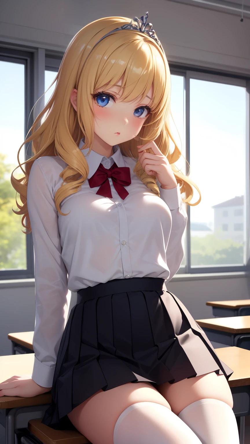 masterpiece, best quality, 1girl, very curly hair, blonde hair, shiny hair, tiara, diadem, medium breasts, narrow waist, looking at viewer, glossy lips, good lighting, latifa fleuranza, pouting, classroom, sitting, white shirt, pleated black skirt, white thigh highs