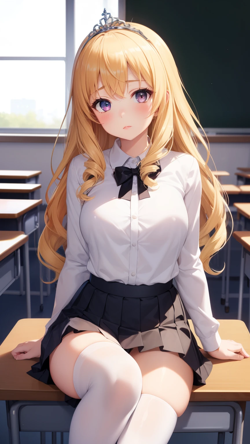 masterpiece, best quality, 1girl, very curly hair, blonde hair, shiny hair, tiara, diadem, medium breasts, narrow waist, looking at viewer, glossy lips, good lighting, latifa fleuranza, pouting, classroom, sitting, white shirt, pleated black skirt, white thigh highs