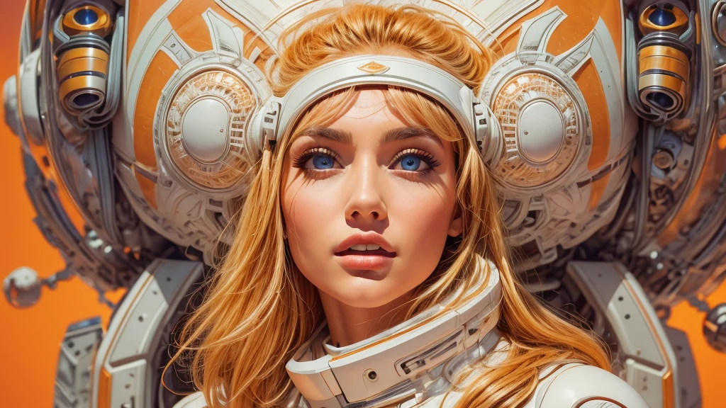 arafed image of a white woman in a futuristic suit with a spaceship in the background, movie art, in front of an orange background, inspired by Robert McGinnis, female protagonist, megastructure in the background, portrait of an ai astronaut, astronauts, an astronaut, portrait of a astronaut skeletor, perfect android girl, Highly Detailed Face and Skin Texture, Detailed Eyes, Double eyelids, perfectly detailed teeth, frank franzzeta and sakimichan